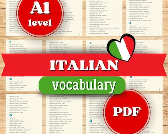 May include: A PDF Italian vocabulary learning resource for A1 level learners. The image features several flashcards with Italian words and their English translations. A red circle with "A1 level" is visible, along with a green banner that says "Italian vocabulary".