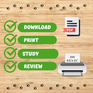 May include: An image with a wooden background features green checkmarks next to the words "Download", "Print", "Study", and "Review". A PDF document icon and a printer with a paper size of 8.5" x 11" are also shown. Black paw prints are scattered around.