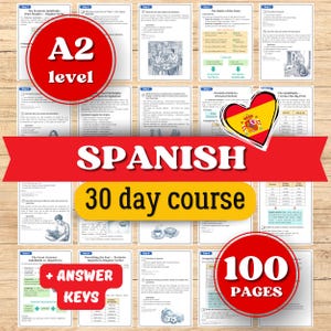 May include: A collection of Spanish language learning materials. The materials include worksheets and exercises for a 30-day course, with 100 pages. The materials are at the A2 level and include answer keys.