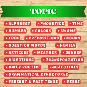 May include: A wooden background with a green banner reading "TOPIC". Below, red rectangular labels with white text list educational topics like "ALPHABET", "COLORS", "VERBS", and "NOUNS". The image is designed for educational purposes.