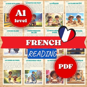 Puede incluir: Un conjunto de tarjetas ilustradas de comprensión lectora en francés. Las tarjetas presentan imágenes y texto coloridos, con títulos como "Le Bus Scolaire" y "La Plage en Été". Hay un círculo rojo con "A1 level".