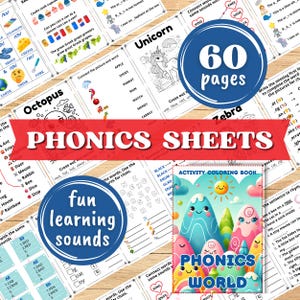 Könnte beinhalten: Eine bunte Illustration eines Buches mit dem Titel "Phonics World" und dem Text "60 Seiten" und "Aktivitätsmalbuch". Das Buch zeigt eine Comic-Sonne und Berge mit lächelnden Gesichtern. Das Buch ist Teil eines Sets mit 60 Phonetik-Arbeitsblättern.