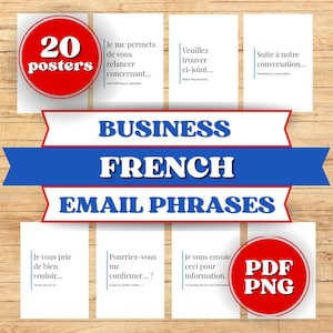 Business French Email Phrases Printable Posters. Templates Cheat Sheet. Instant Download PDF, PNG
