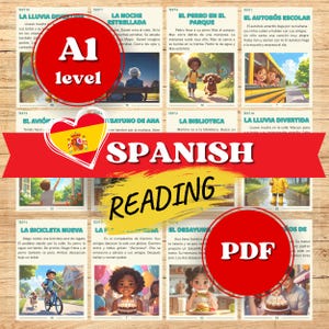 May include: A collection of Spanish reading cards for A1 level learners. The cards feature colorful illustrations and text, with topics including school, family, and weather. The word "SPANISH" is displayed in large letters, and the word "READING" is displayed in yellow.