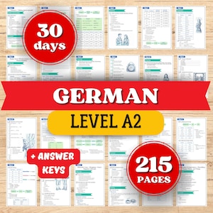 May include: A collection of flashcards for German language learning, level A2. The cards are arranged on a wooden surface and include the text "30 days", "German Level A2", "+ Answer Keys", and "215 Pages".