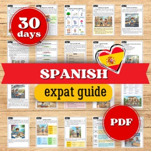 Puede incluir: Un conjunto de tarjetas didácticas con el texto "SPANISH expat guide" y "30 days". Las tarjetas cubren varios temas, incluido el alfabeto español, la salud y la gastronomía. También hay una pancarta roja y un gráfico en forma de corazón con la bandera española.