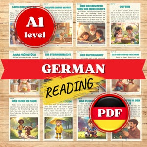 Può includere: Una raccolta di schede di lettura tedesche illustrate per studenti di livello A1. Le schede presentano immagini e testo colorati, con argomenti come la vita quotidiana, storie e festività. È visibile anche un'icona PDF con la bandiera tedesca.