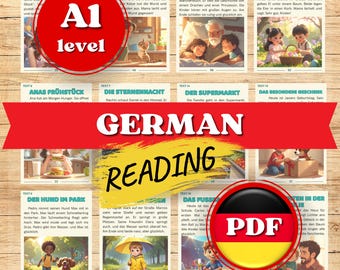 Fichas de lectura en alemán para principiantes, cuentos A1 y pruebas de gramática. Descargar PDF.