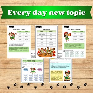 May include: Educational flashcards for Italian language learning. The cards cover verbs, family vocabulary, and grammar rules. The design includes illustrations of children and families, with the title "Every day new topic" at the top.