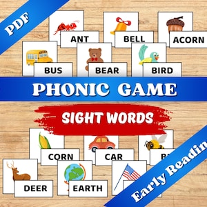 May include: Educational flashcards for early reading, featuring colorful illustrations of objects like a bus, bear, and car. The cards are labeled with sight words and are designed for a phonics game. The image includes the text "Phonic Game" and "Sight Words".