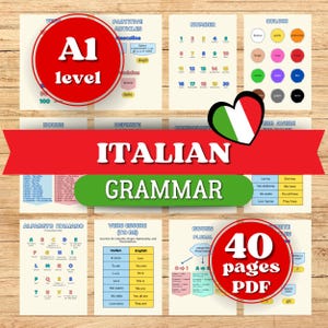 Italian Grammar Posters, 40 Page Visual Learning Guide for Beginners A1, Language Cheat Sheet