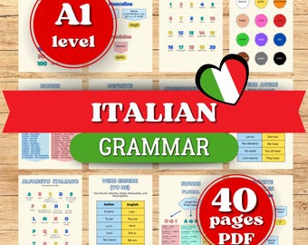 May include: A collection of Italian grammar learning materials, including charts and diagrams. The image features the text "ITALIAN GRAMMAR" and "A1 level". The materials cover topics like nouns, verbs, and numbers, with a total of 40 pages in PDF format.