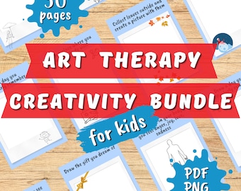 May include: A blue and red graphic with the text "Art Therapy Creativity Bundle for Kids" and the text "30 pages" in a blue circle. The graphic also includes images of various art activities for kids, such as drawing, coloring, and creating.