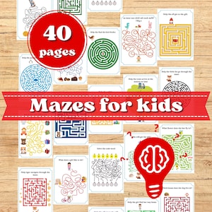 May include: A set of 40 printable maze activity pages for kids. The pages feature various themes, including animals, transportation, and everyday activities. The title "Mazes for Kids" is displayed in red letters on a white background.