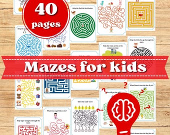 May include: A set of 40 printable maze activity pages for kids. The pages feature various themes, including animals, transportation, and everyday activities. The title "Mazes for Kids" is displayed in red letters on a white background.