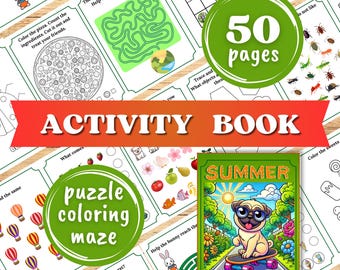 Pode incluir: Um livro de atividades colorido para crianças com tema de verão. A capa apresenta um pug de desenho animado usando óculos de sol e andando de skate. O livro inclui 50 páginas de quebra-cabeças, páginas para colorir e labirintos.