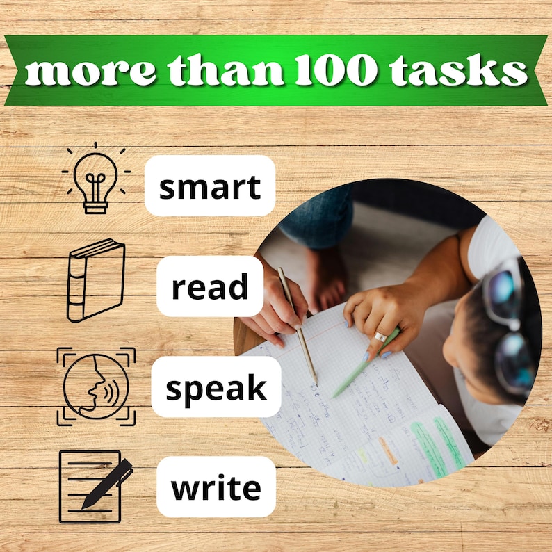 May include: Image with text "more than 100 tasks" above icons for smart, read, speak, and write. Two people are working together, writing in a notebook with a pen and pencil. The background is a wooden surface.