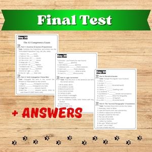 May include: A wooden surface displays flashcards for an Italian language test. The cards are white with black text, featuring grammar, verb conjugation, and translation exercises. The words "Final Test" and "+ ANSWERS" are visible.