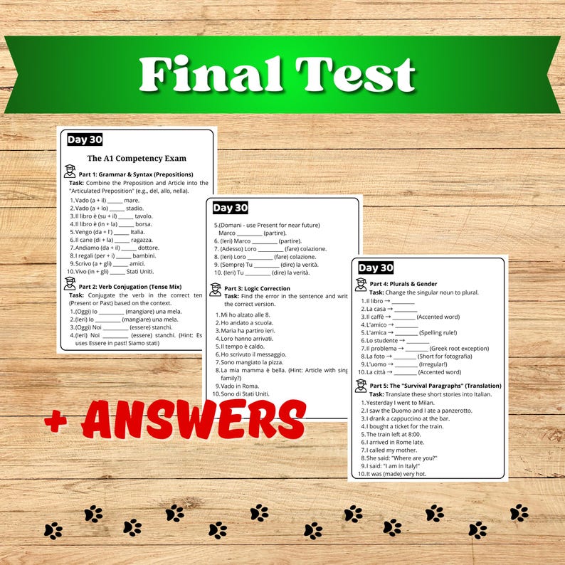 May include: A wooden surface displays flashcards for an Italian language test. The cards are white with black text, featuring grammar, verb conjugation, and translation exercises. The words "Final Test" and "+ ANSWERS" are visible.