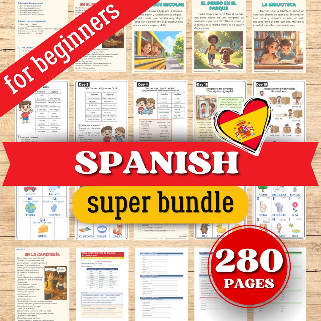 Learning Spanish for Beginners – Full Course Bundle. Printable Workbook