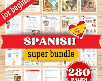May include: A Spanish language educational workbook bundle for beginners containing 280 pages of lessons, vocabulary lists, grammar exercises, and illustrated stories featuring characters, animals, and objects with text in both Spanish and English.