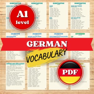 May include: A German vocabulary learning resource with the text "German Vocabulary" in large letters. The image includes vocabulary lists, a red circle with "A1 level" and a PDF icon with the German flag.