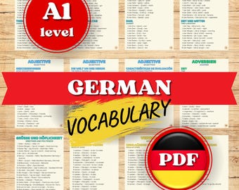 Puede incluir: Un recurso de aprendizaje de vocabulario alemán con el texto "German Vocabulary" en letras grandes. La imagen incluye listas de vocabulario, un círculo rojo con "A1 level" y un icono PDF con la bandera alemana.