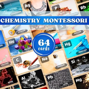 Flashcards de Química Montessori para crianças. Elementos da Tabela Periódica. Material didático e jogo educativo. Produto digital em PDF.