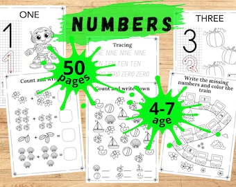 May include: Black and white printable worksheets for kids ages 4-7. The worksheets feature numbers, tracing, counting, and coloring activities. The title of the worksheets is "Numbers" and there are 50 pages in total.