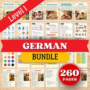May include: A collection of educational materials for learning German, featuring colorful illustrations and text. The bundle includes flashcards, worksheets, and story cards, with the text "Level 1" and "German Bundle" prominently displayed. The image also shows a count of 260 pages.