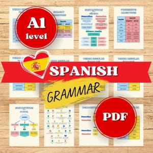 May include: A collection of Spanish grammar educational materials. The image features several colorful charts and diagrams with Spanish vocabulary and grammar rules. The text includes "Spanish Grammar", "A1 level", and "PDF".