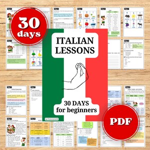 May include: A collection of Italian language learning materials. The central image features the text "ITALIAN LESSONS" with an Italian flag design and a hand gesture. Additional cards include vocabulary and grammar lessons, with the text "30 DAYS for beginners" and "PDF".