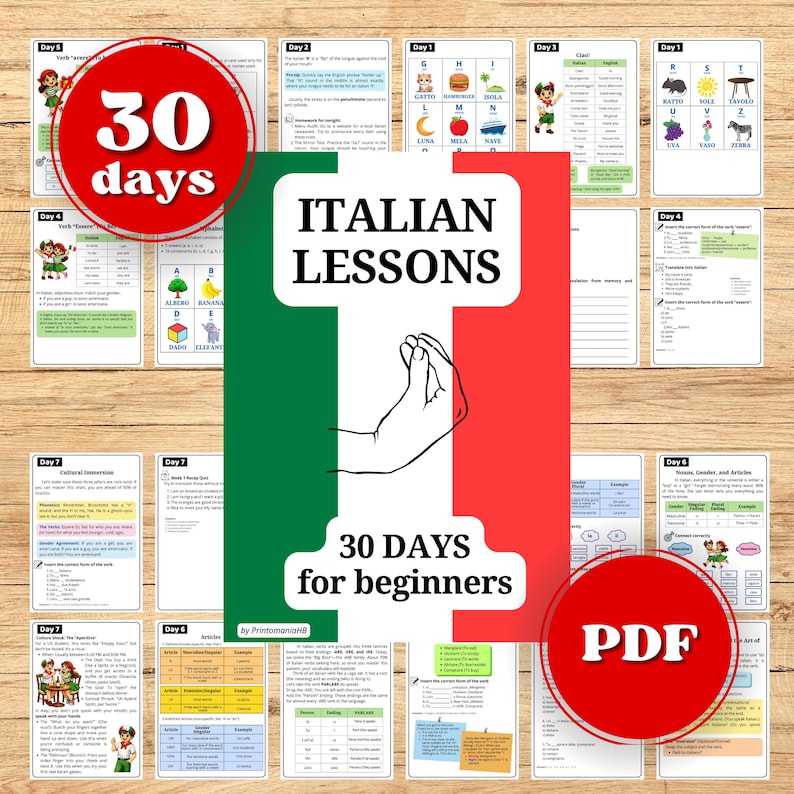May include: A collection of Italian language learning materials. The central image features the text "ITALIAN LESSONS" with an Italian flag design and a hand gesture. Additional cards include vocabulary and grammar lessons, with the text "30 DAYS for beginners" and "PDF".