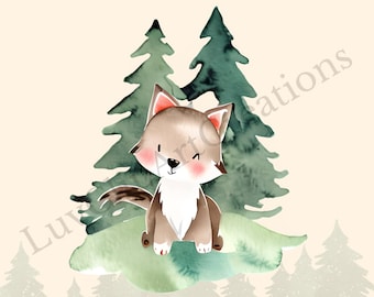 Watercolor Wolves Clipart Bundle – Nursery Art, Commercial Use (PNG, Digital Download)