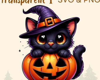 May include: A black cat wearing a witch's hat with a gold buckle, peeking out of a jack-o'-lantern. The cat has large, round, golden eyes and a cute expression. The jack-o'-lantern is orange with a traditional carved face.