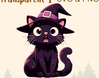 Halloween Scared Black Cat Clipart Bundle, Witch Hat SVG PNG