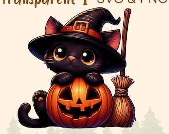 Paquete de imágenes prediseñadas de Halloween: gato negro, sombrero de bruja, calabaza (SVG y PNG)