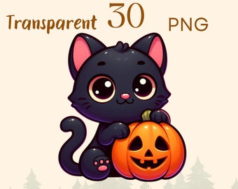 30 Spooky Black Cat Clip Art PNG Bundle, Halloween Kitten (Digital Download)