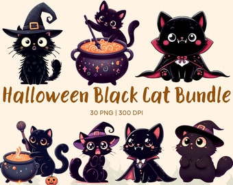 Halloween Black Cat Clipart Bundle (30 PNG)