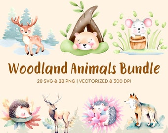 Watercolor Woodland Animals Clip Art Bundle (SVG & PNG)