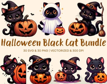 Halloween Black Cat Clipart Bundle, Spooky Kawaii Designs (SVG & PNG)