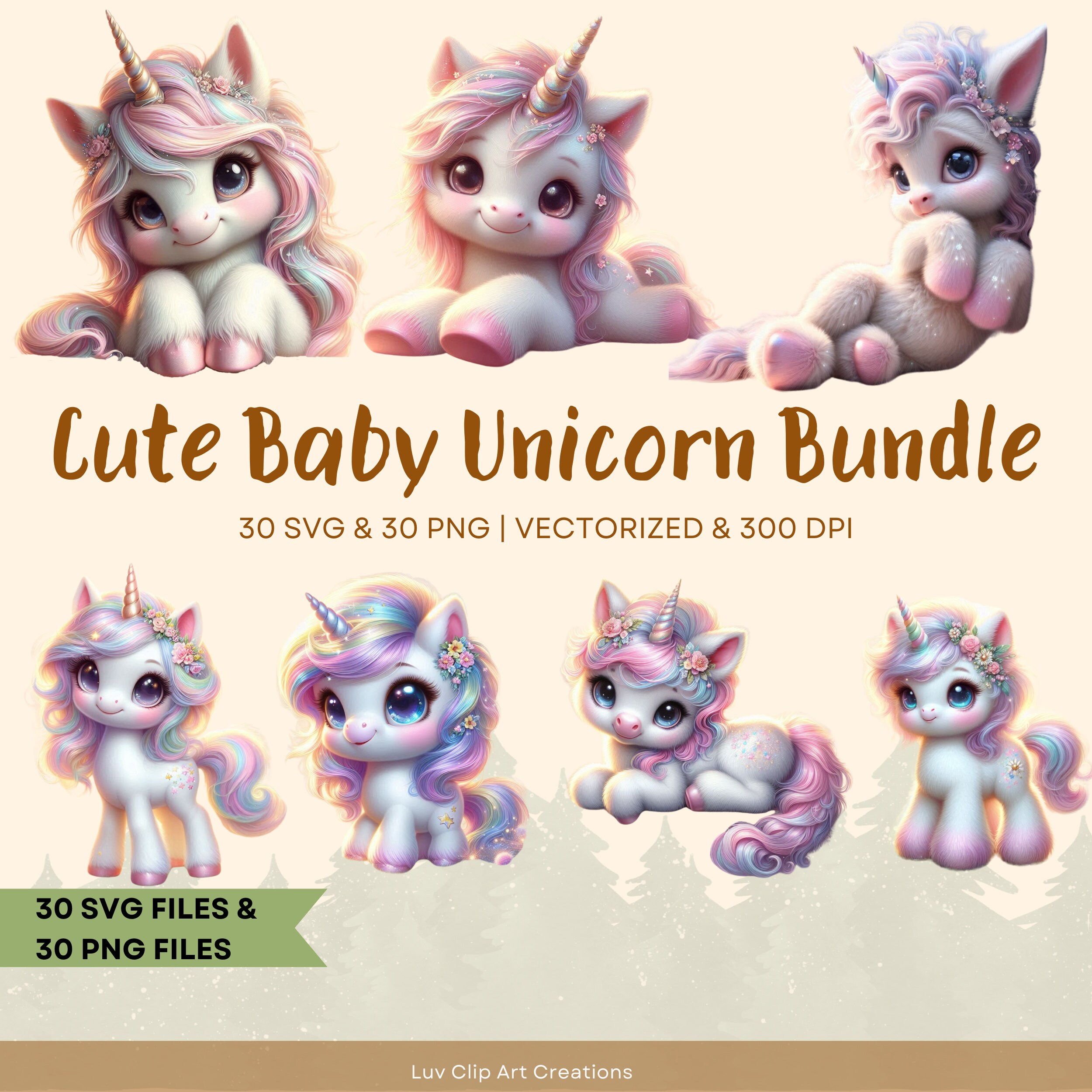 Baby Unicorn Clipart Bundle, Unicorn SVG & PNG, Nursery Art (digital ...