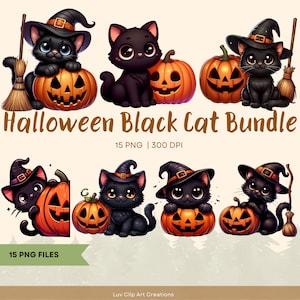 May include: A set of 15 digital illustrations featuring black cats dressed as witches with pumpkins. The cats are in various poses, some holding brooms, some sitting with pumpkins, and some peeking out from behind pumpkins. The illustrations are in a cartoon style and are perfect for Halloween crafts and projects.