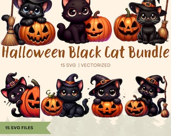 Halloween Black Cat Pumpkin SVG Bundle, Witch Cat Clipart (Digital Download)