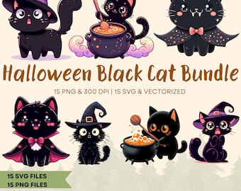 Halloween Black Cat Clipart Bundle, Witchy SVG PNG