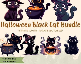 Halloween Black Cat Clipart Bundle, Witch Cat SVG PNG (Digital Download)