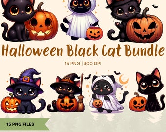 Black Cat Pumpkin Halloween Clipart Bundle (15 PNG)