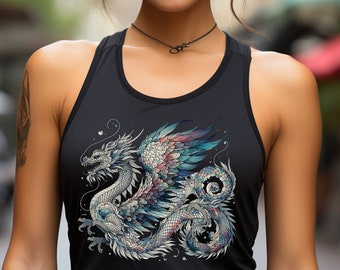 Mystical Watercolor Style Powerful Blue Dragon Women's Ideal Racerback Tank Top