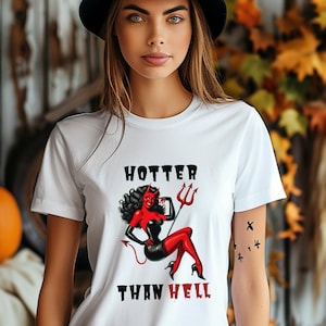 She Devil &quot;Hotter Than Hell&quot; Pin Up Girl Women&#39;s Halloween Slim Fit Cotton T-Shirt