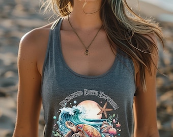 Canotta in cotone da donna floreale Enchanted Earth Emporium Surfing Sea Turtle